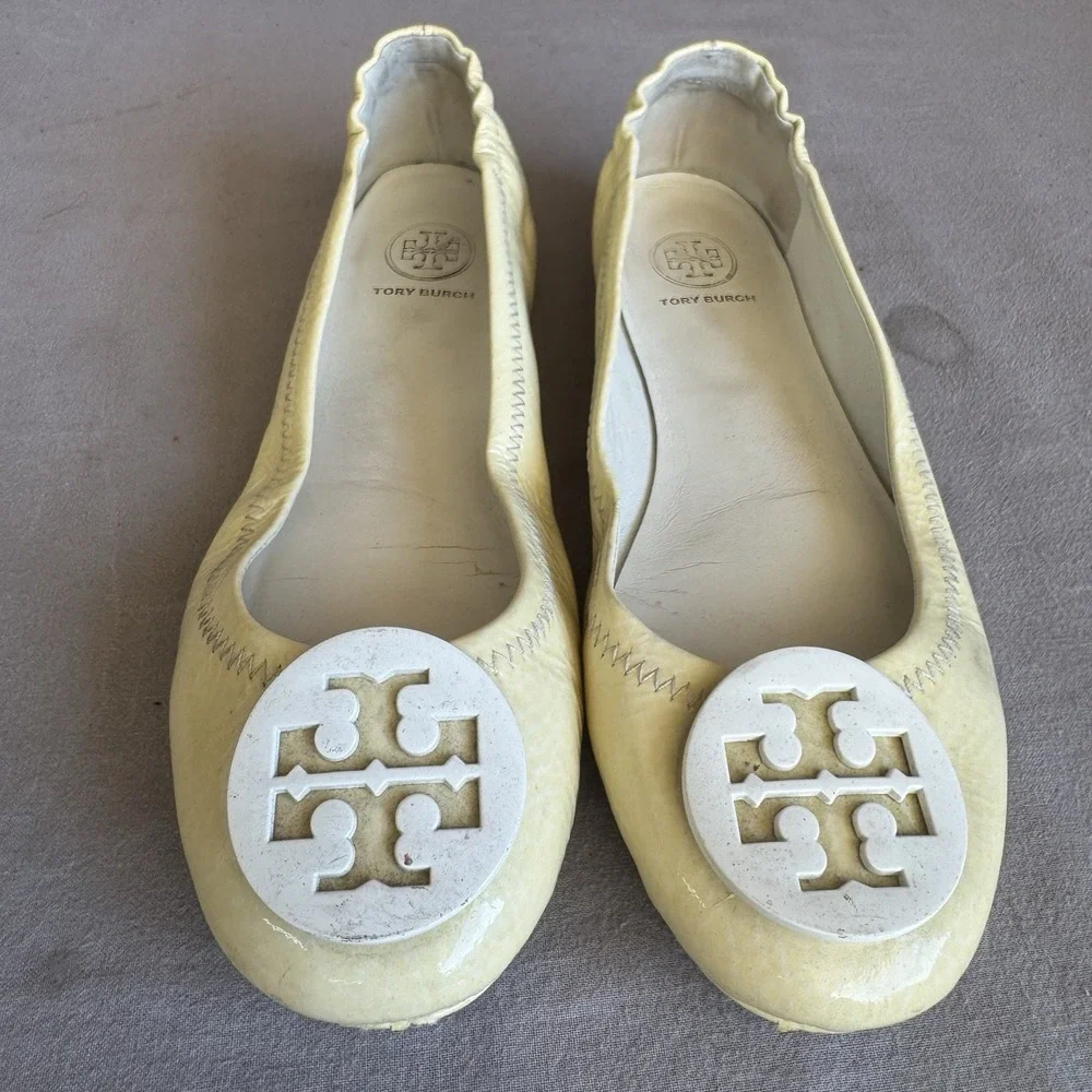 Size 6.5m - Tory Burch Flats Reva Metallic Gold Tumbled Leather Ballerina Shoes